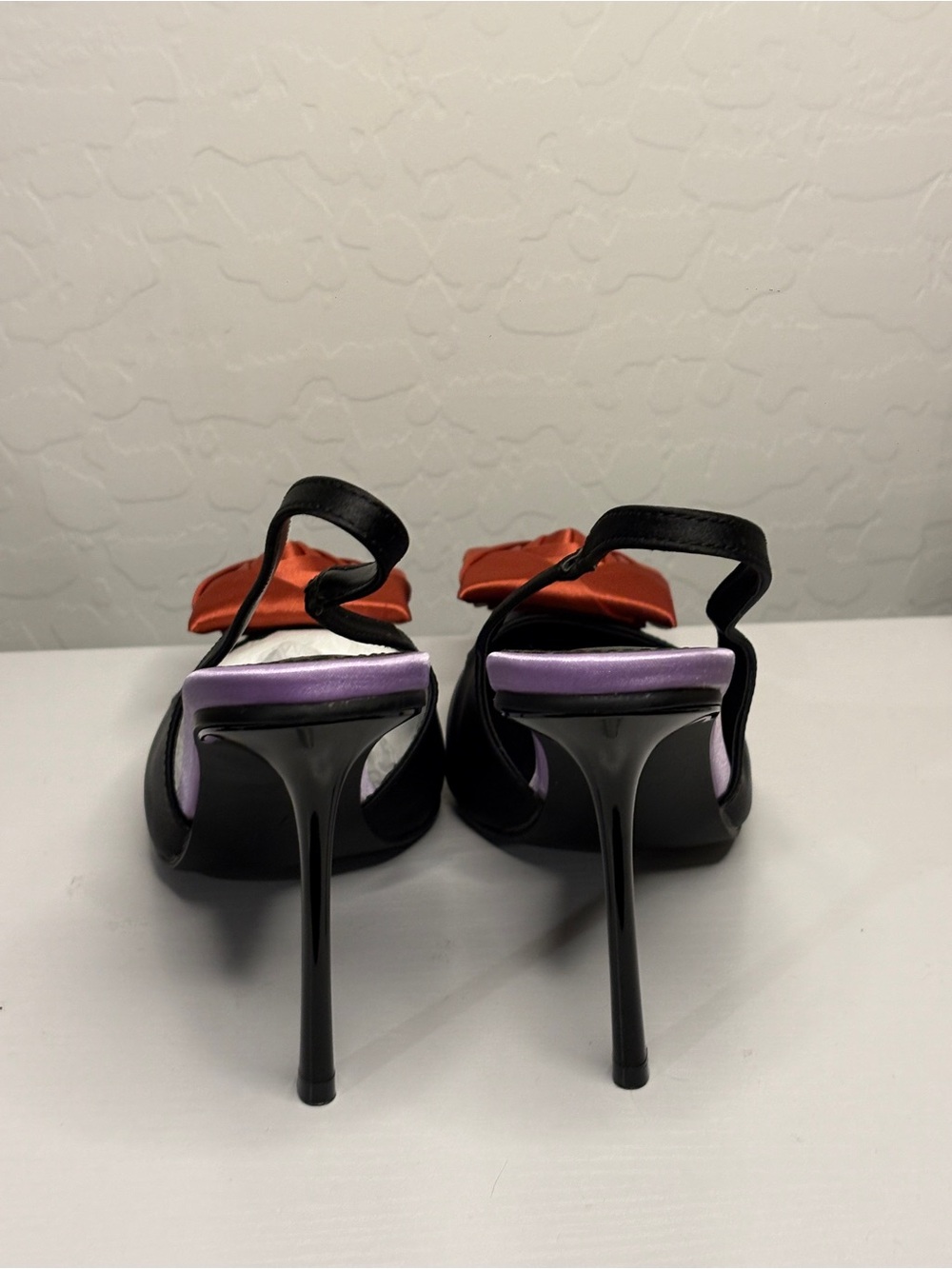Black Slingback Heels with Rust Satin Rosette Accent - Picture 3 of 6